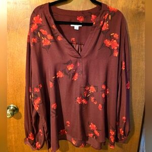 Women's Floral V-Neck Blouse - Red